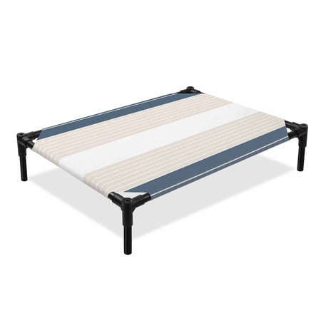 Blue Beige Stripe Elevated Dog Bed Gradient Line Cooling Breathable Outdoor Raised Dog Cot Bed with Metal Frame Non-Slip Feet for Large Dog 28x22in
