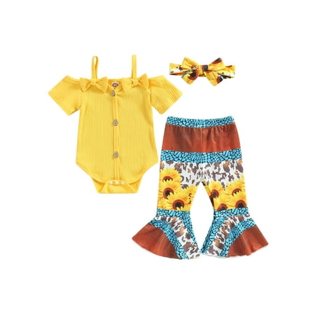 

Binpure Infant Baby Girls Summer Jumpsuit Set Short Sleeve Off Shoulder Romper + Leopard/Flower Flare Pants + Bow Headband