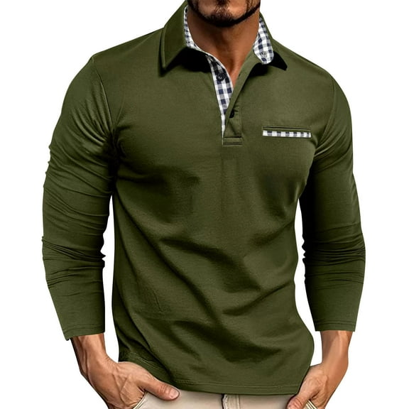 CharmCyan Men's Long Sleeve Polo Shirt with Plaid Collar and Chest Pocket Casual Slim Fit Pullover for Everyday Wear Army Green L