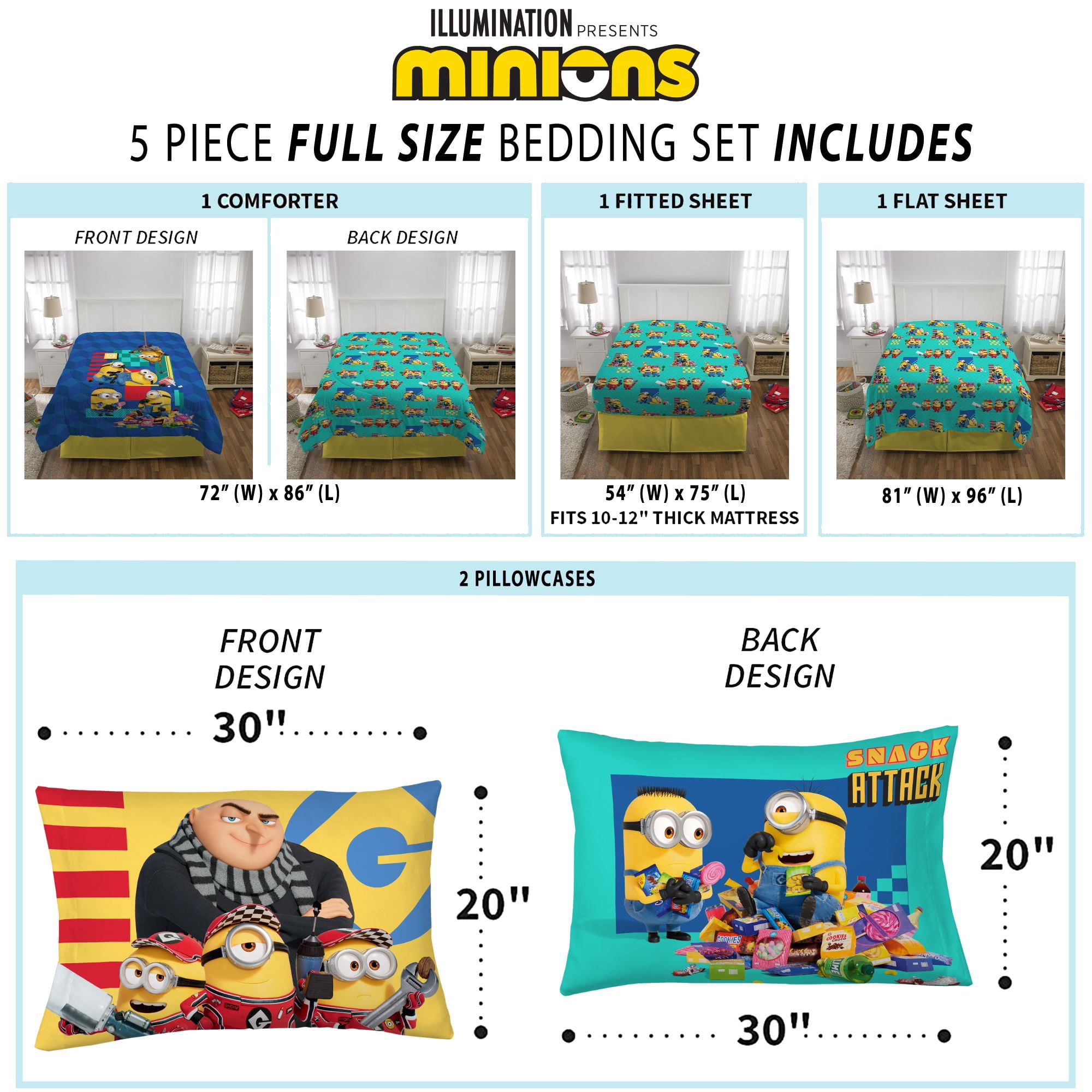 Minions Kids Full Bed in a Bag, Comforter and Sheets, Universal