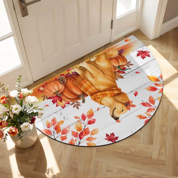 Scarf Golden Retriever Diatomaceous Earth Bath Mat, Fall Orange Pumpkins Maple Leaf Wood Grain Half Round Non-Slip Quick Dry Door Mat Super Absorbent Bath Rug for Bathroom Kitchen Laundry 16x24in