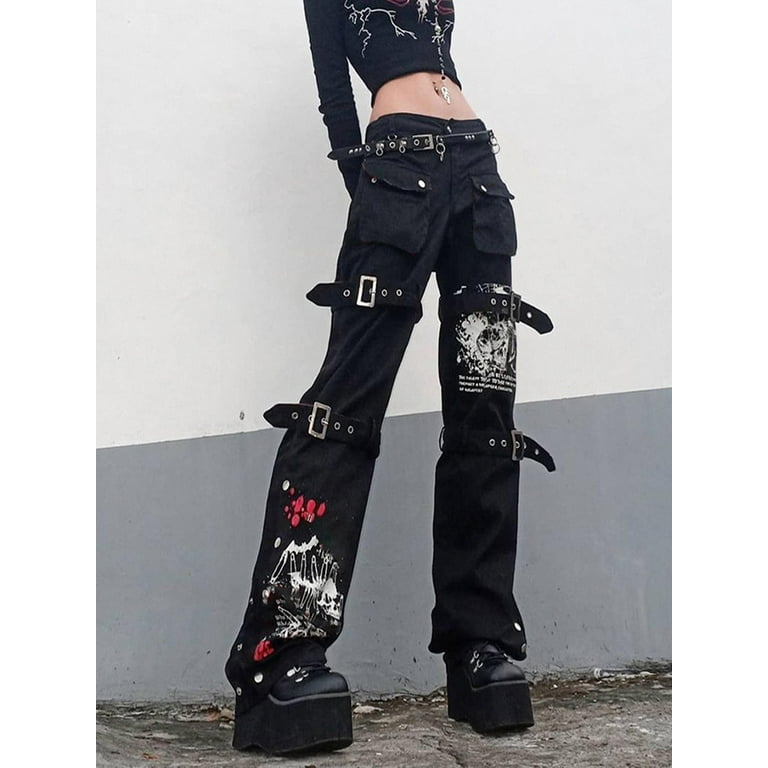 Womens High Waist Y2K Denim Jeans with Metal Buckle Belt, Lengthened Style  Street Dark Autumn Spring E Girl Streetwear Clothing