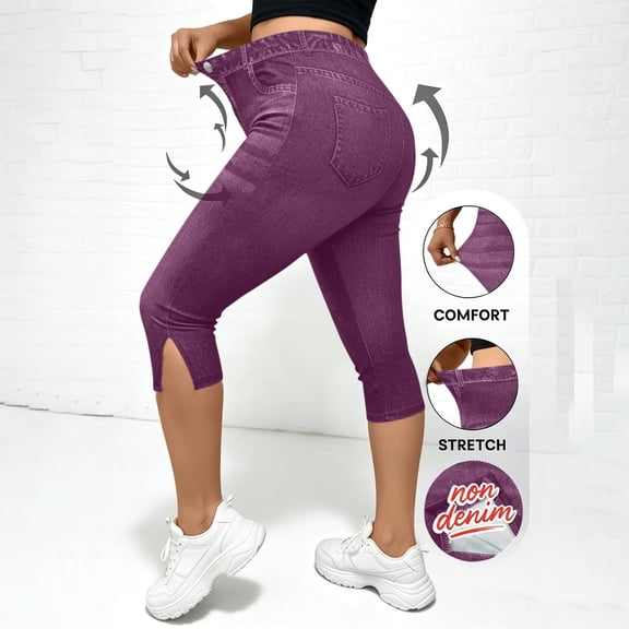 Capri Pants Women Button High Waist Slim Fitting Stretch Side Split Crop Pants Casual Vintage Trousers Fashion