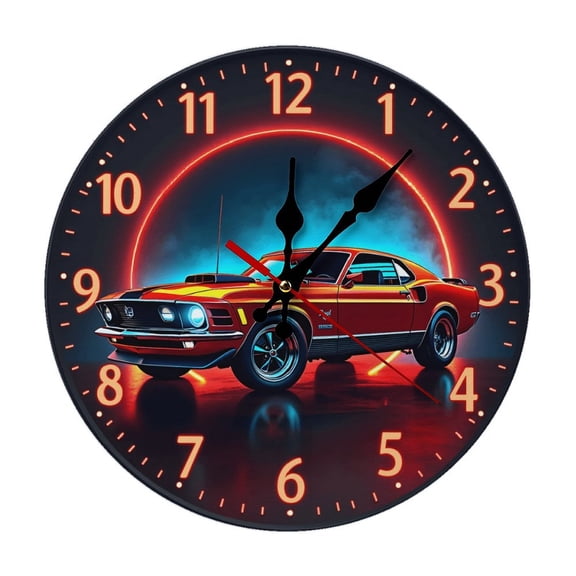 Muscle Car Neon Wall Clock 10 Inch Silent Non Ticking Round Wooden Clock Decoration for Living Room Kitchen Bedroom Bathroom Office Classroom