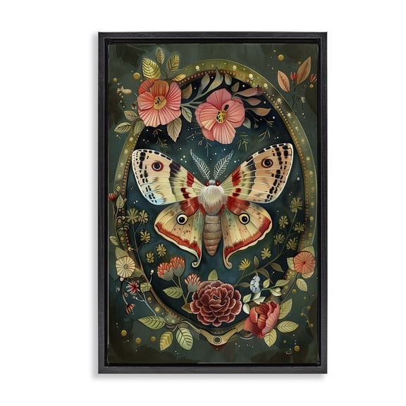 Stupell Industries Victorian Moth & Florals Floral Painting Black Floater Framed Canvas Art Print Wall Art, 17 x 25