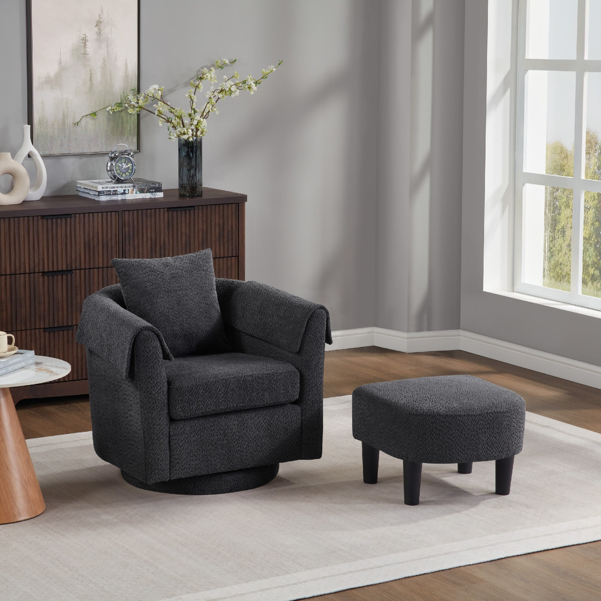 MAYEERTY Swivel Accent Chair with Ottoman, Chenille Barrel Chair for Living Room/Office, Black