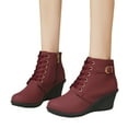 thumbnail image 4 of KIJBLAE Women's Wedge Boots Ankle Boots Lace Up Buckle Comfortable Shoes Suede Fall Winter Wedge Heel Round Toe Shoes Wine 35, 4 of 6