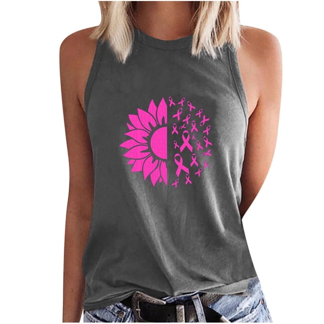 Pisexur Women's Breast Cancer Tshirt Sleeveless Round Neck Fighting Pink Ribbon Breast Cancer Awareness Racerback Tank Top