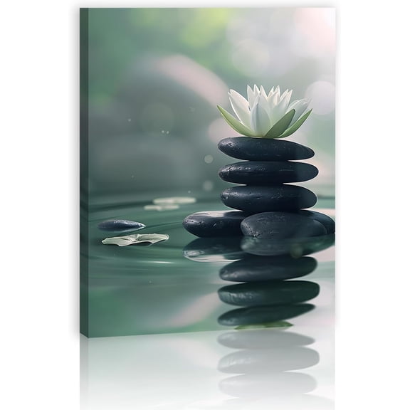 Green Lotus Flower Zen Wall Art Flowers and Stones Spa Pictures Blooming Botanical Poster Print for Bathroom Bedroom Yoga Meditation Room Framed 16"x12"