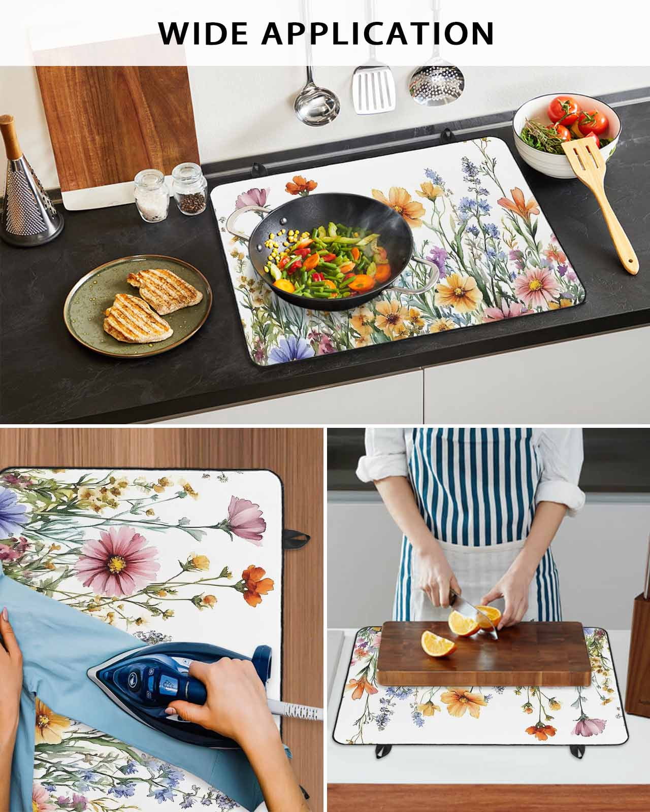 nqOlkjepod Large Induction Cooktop Protector Mat 24"x21", Spring Floral Stove Top Covers for Electric Stove, Yellow Pink Flowers Watercolor Farmhouse Stove Burner Cover Mats, Glass Top Stove Cover