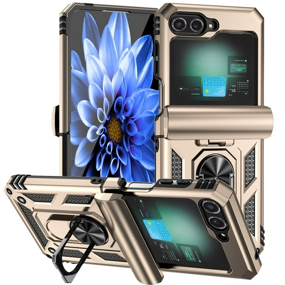 for Samsung Galaxy Z Flip 6 Rugged Phone Case Cover, Kickstand TPU Bumper Drop Proof Durable Military Grade Protective Case Cover for Samsung Galaxy Z Flip 6, Gold
