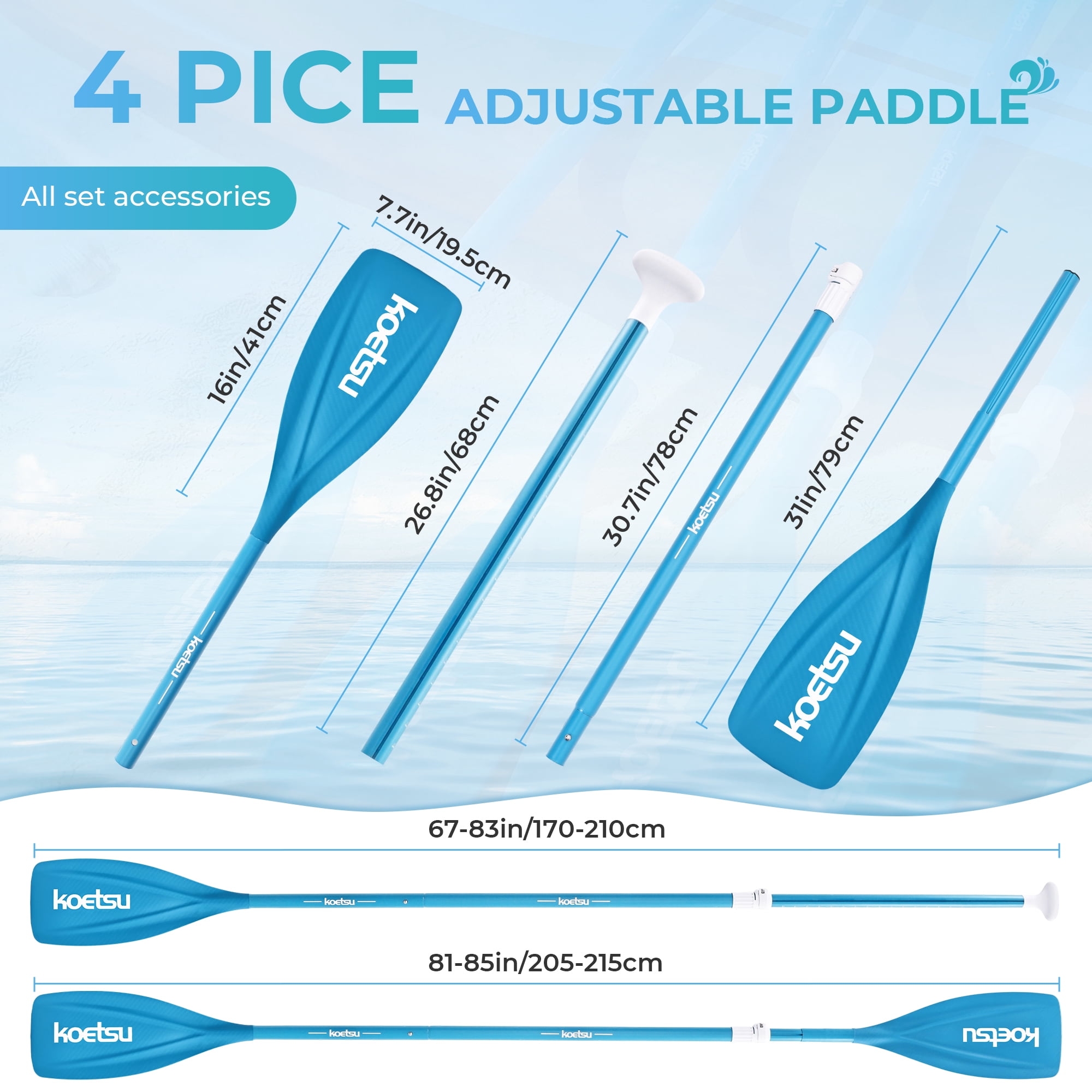 Kayak Paddle,KOETSU 2-in-1 Aluminum Alloy Boat Paddle Oars, Adjustable Canoe Board Paddles SUP Paddle Detachable 4 Piece, 85in,Blue