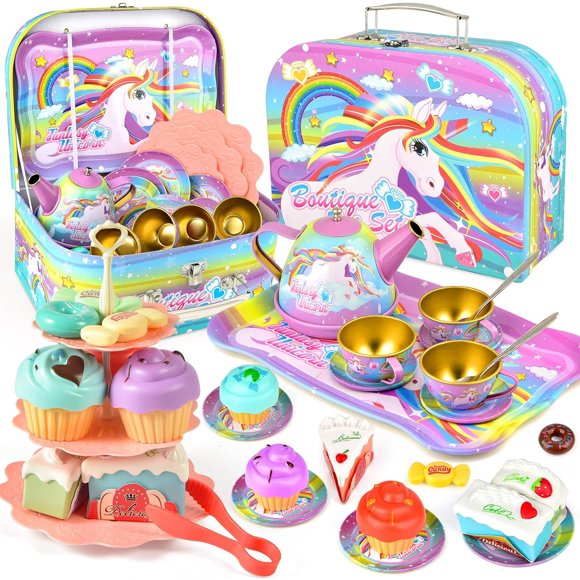 shiyou-Tea Party Set for Little Girls, Unicorn Tea Set Toys for Girls Age 3 4 5 6 Year Old, Toddler Kids Kitchen Pretend Play Toys with Tin Tea Set, Cake Stand, for Girls Boys