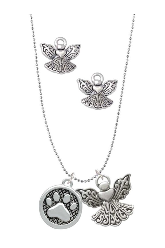 Silvertone Paw in Circle Silver tone Guardian Angel Charm Necklace and Stud Earrings