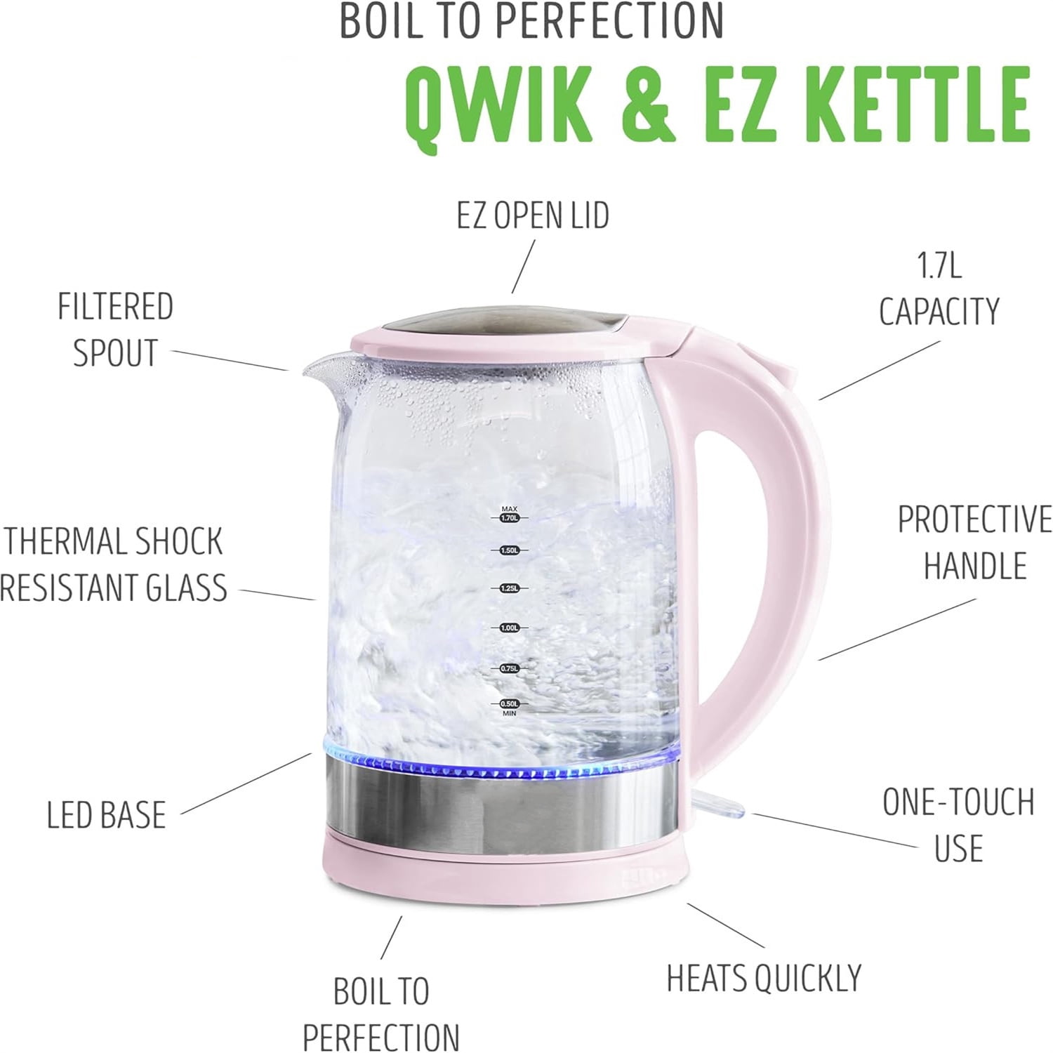 1.7 Liter Glass Electric Kettle, Easy One Touch Use, Quick Heating, Filtered Spout, LED Base, Auto Shut-Off, Cordless Serving, Coffee and Tea, Pink