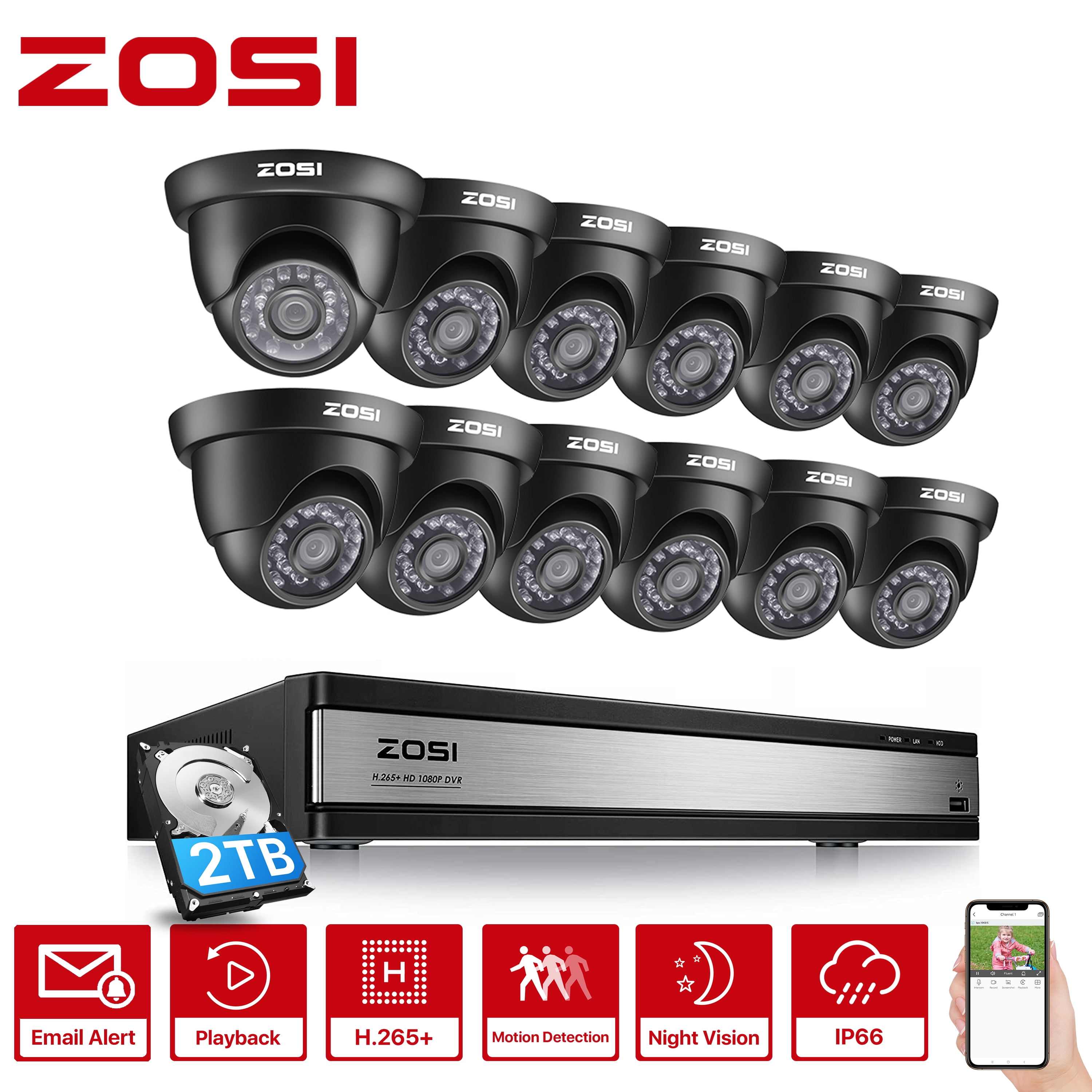 ZOSI 16 Channel H.265+ 1080P Security Camera System with 2TB HDD, 12 x