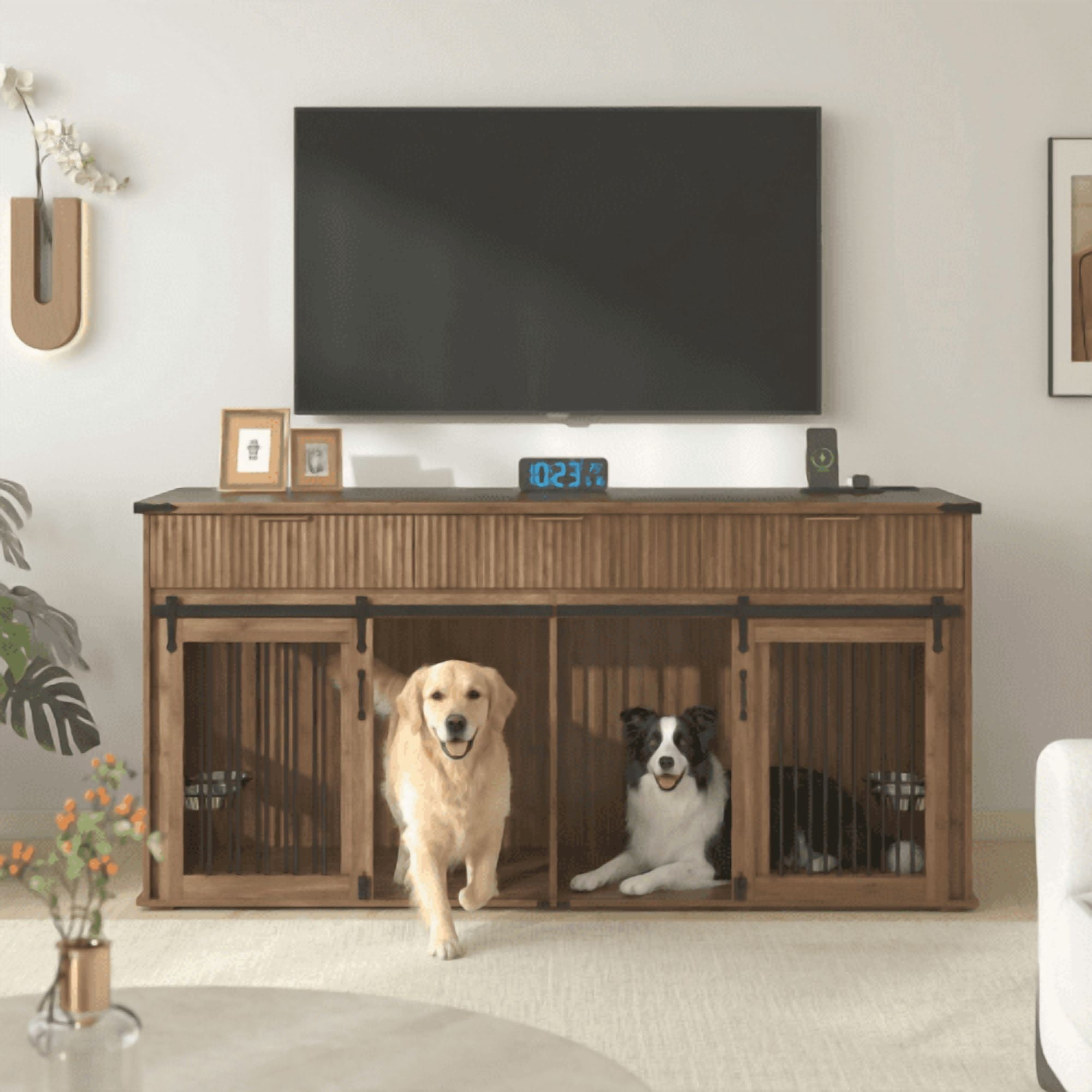 71'' Furniture Style Double Dog Crate with 3 Fluted Drawers and Waterproof Walnut Woodgrain Tabletop,Large Dog Kennel Furniture with Type-C Power Outlet & Rotating Feeders for Heavy Duty Dogs(Walnut)