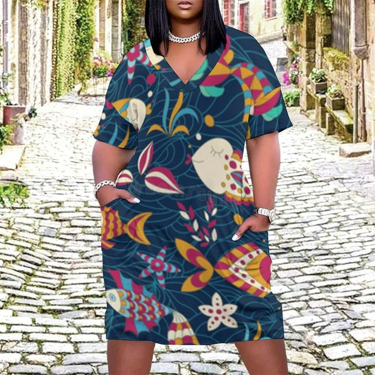 Seamless Underwater Whimsical Fish Pattern Summer Sundress for Curve Women  Casual Pattern Plus Size V Neck Short Sleeve Loose Fit Oversize Dresses -  Walmart.com