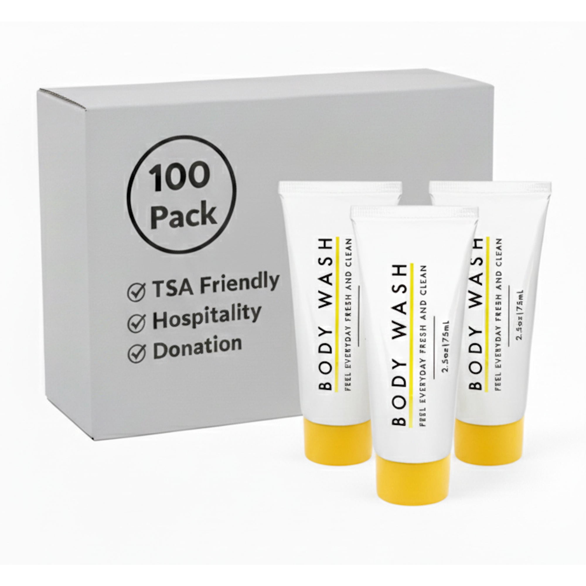 100 pack 2.5 Oz. Bodywash - Hospitality, Hotel, Homeless Shelter, Donation, Charity Drive, Disaster Relief Supplies - 100 Bottles