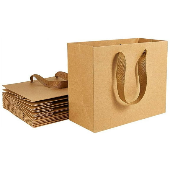 10pcs Rectangle Kraft Paper Bags Gift Bags Shopping Bags Brown Paper bag with Nylon Cord Handles BurlyWood 22x18x10cm