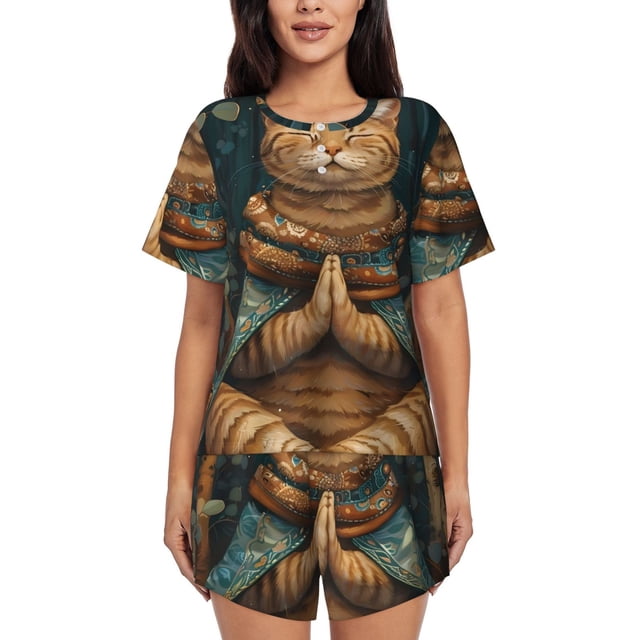 Fotbe Surreal Meditating Cat Conjunto de Pijama Estampado para Mujer, 2 Piezas, Ropa de Dormir con Camiseta de Manga Corta y Shorts Suaves-3X-Large