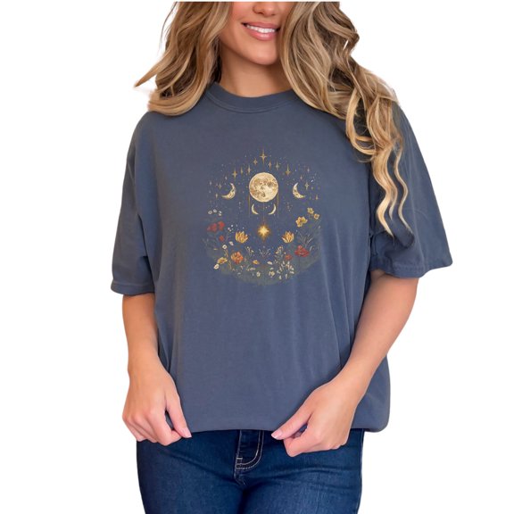 Boho Moon Phases Floral T-Shirt, Celestial Sun and Moon Graphic Tee, Botanical Nature Design Shirt, Vintage Style Art T-Shirt, Denim Comfort Colors T-Shirt, Small