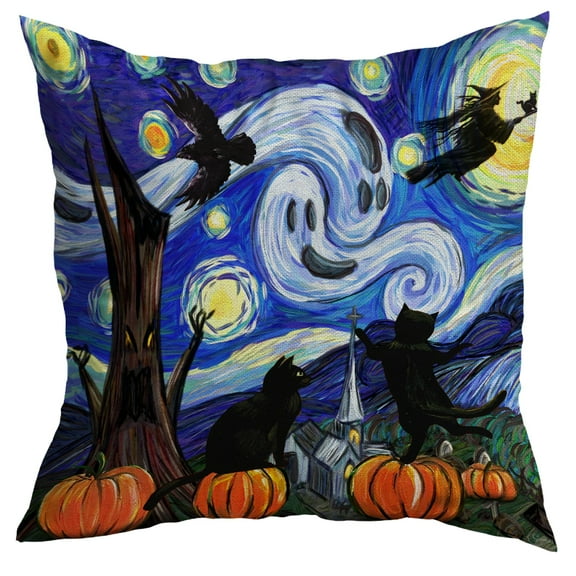 Halloween Pillows, Halloween Decoration Back Cat Witch Pumpkin Van Gogh Pillow Insert, 12X12