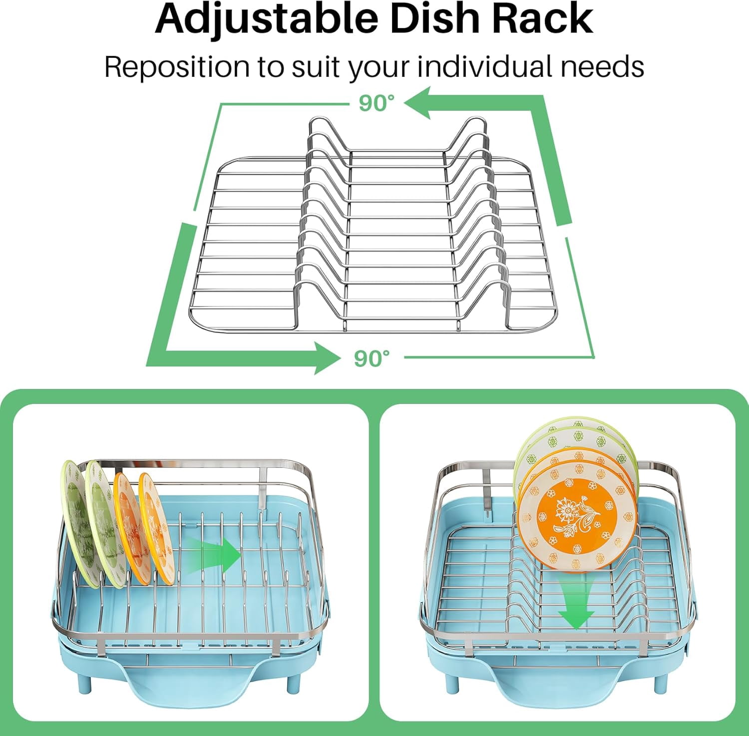 Dish Drying Rack - Expandable Dish Rack for Kitchen Counter, Rust-Resistant Dish Drainer with Utensil Holder and Raised Guardrail, Kitchen Organizer for Cup and Bottle (Blue)