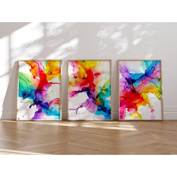 Abstract Ink Burst Art Prints Rainbow Wall Decor Set Colorful Modern Artwork Set 3 Unframed Paper Print 8x12