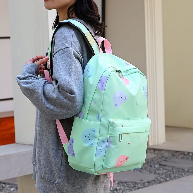 Mochila Mochila de dibujos animados de 3 piezas para mochila de estudiante con caja de almuerzo (verde)