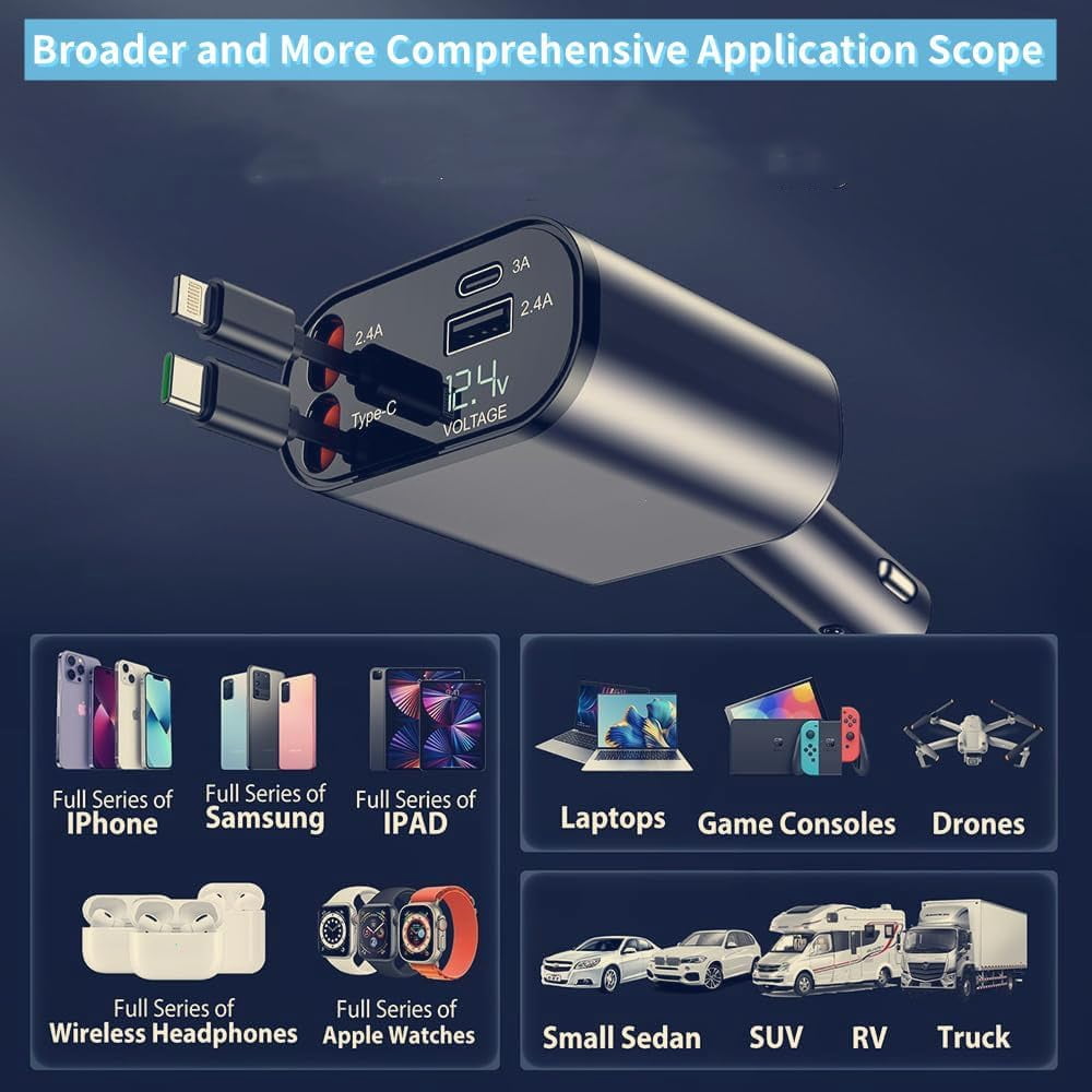 CJBZLCPCOO Retractable Car Charger,Type C Fast Car Phone Charger with 120W Power, 2 USB Ports, and Retractable Cables. It’s Compatible with iPhone Models 15/14/13/12/11/iPad and Galaxy