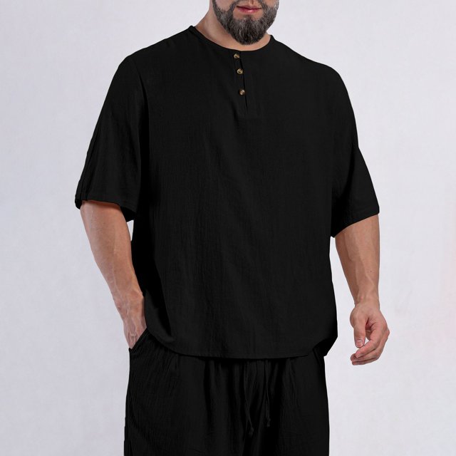Playeras Elvqul Hombre Casual Negro Manga Corta sin Estampado Botones Cuello Redondo