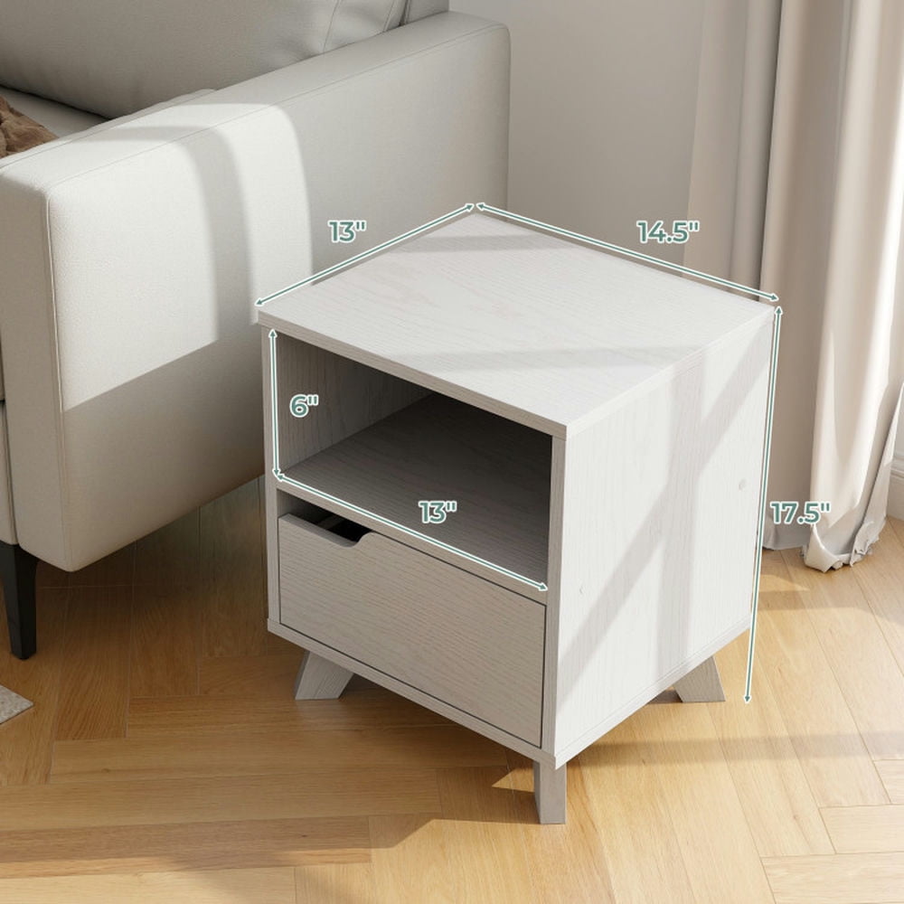 Finihen End Table, Nightstand, Mid Century Modern Bedside Table with Storage Drawer and Open Shelf, Sofa Side Table, Bed Side Table, for Living Room, Bedroom, White Finihen End Table, Nightstand, Mid Century Modern Bedside Table with Storage Drawer and Open Shelf, Sofa Side Table, Bed Side Table, for Living Room, Bedroom, White