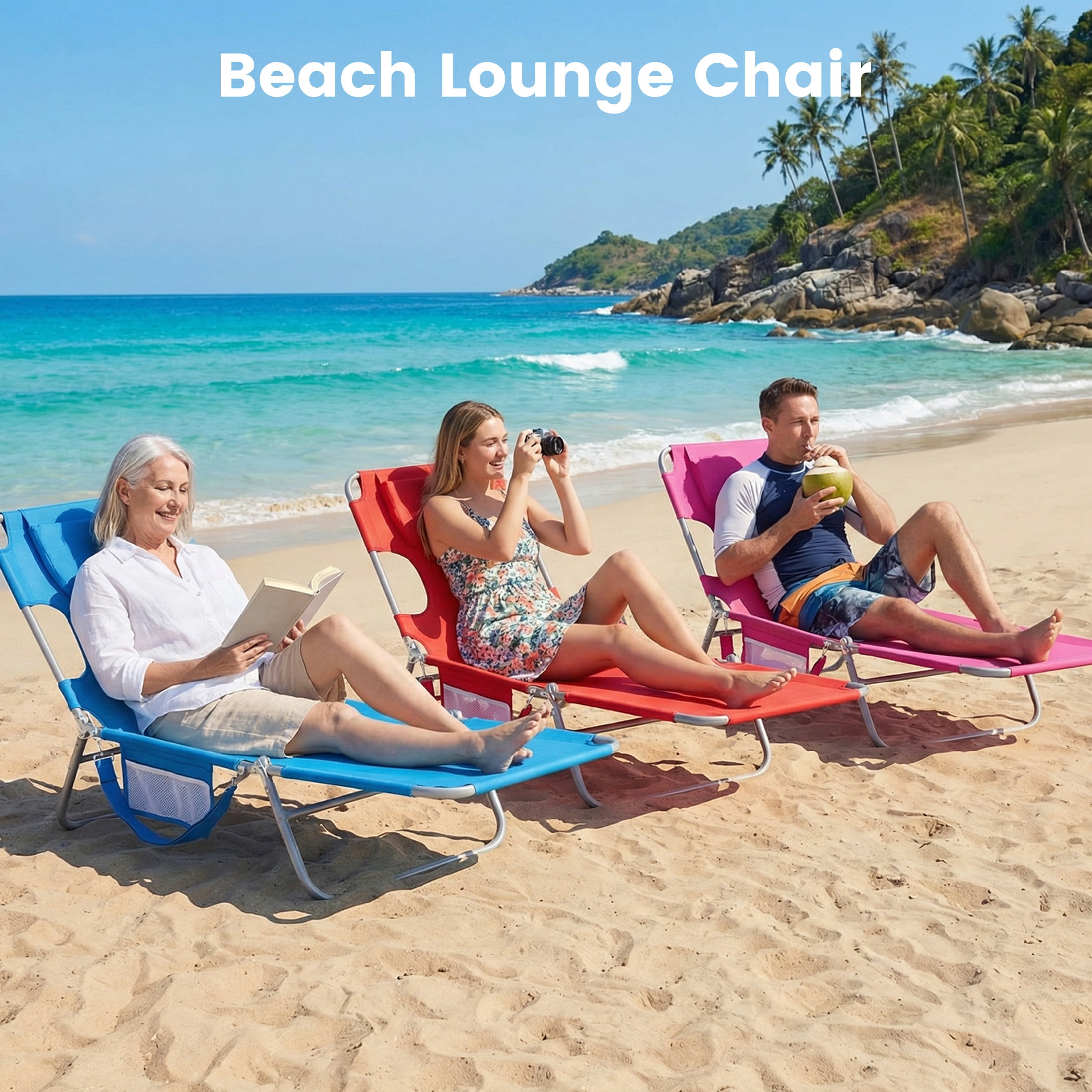 EDX Folding Adjustable Chaise Lounge Chair, Portable Beach Lounge Chair with Backpack Straps & Side Pocket for Outside, Patio, Poolside, Lawn