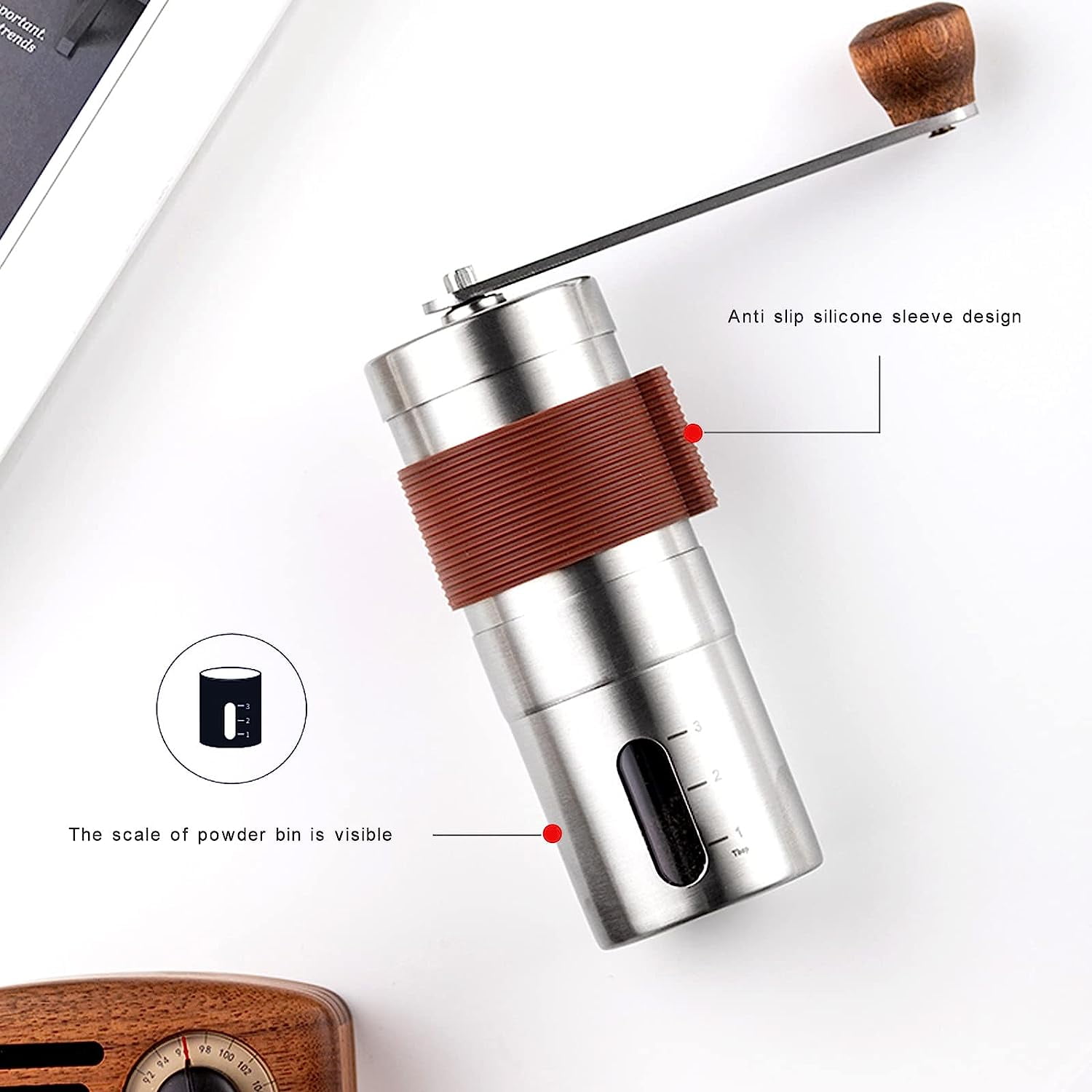 Manual Coffee Grinder Hand Coffee Grinder Bean Grinder with Adjustable Settings Suitable Use for Home Office and Travel Stainless Steel Brown