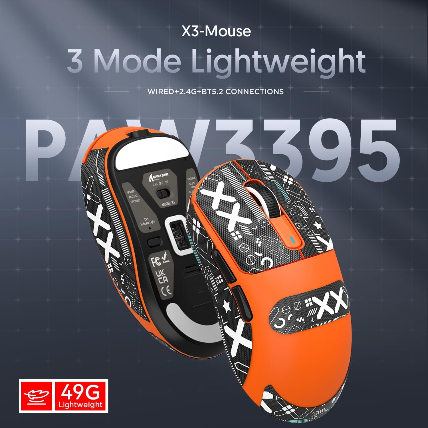 ATTACK SHARK X3 Lightweight Wireless Gaming Mouse with Anti Slip Mouse Grip Tape, Self Adhesive Design Elastics Refined Side Grips Sticker Sweat Resistant Pads/Anti Sweat Paste, Cut to Fit (Orange)