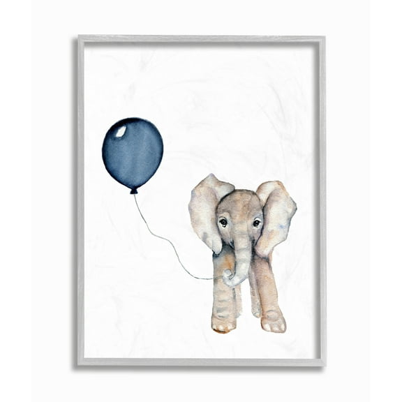 The Kids Room By Stupell Baby Elephant with Blue Balloon Gray Framed Texturized Art