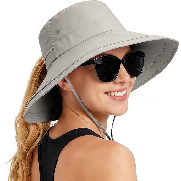 Women Sun Hat with Ponytail Hole Wide Brim Bucket Hats, Beach Hiking Gardening Hat Water-Resistant Outdoot Hat, Light Grey