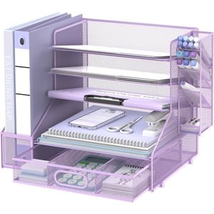 Organisateur de bureau avec support de fichier, 5-Tier Mesh Paper Letter Tray Organizer avec porte-stylo et tiroir, bureau Organisateur et stockage avec 3 Trieur de fichiers incrusté pour les fournitures de bureau, violet