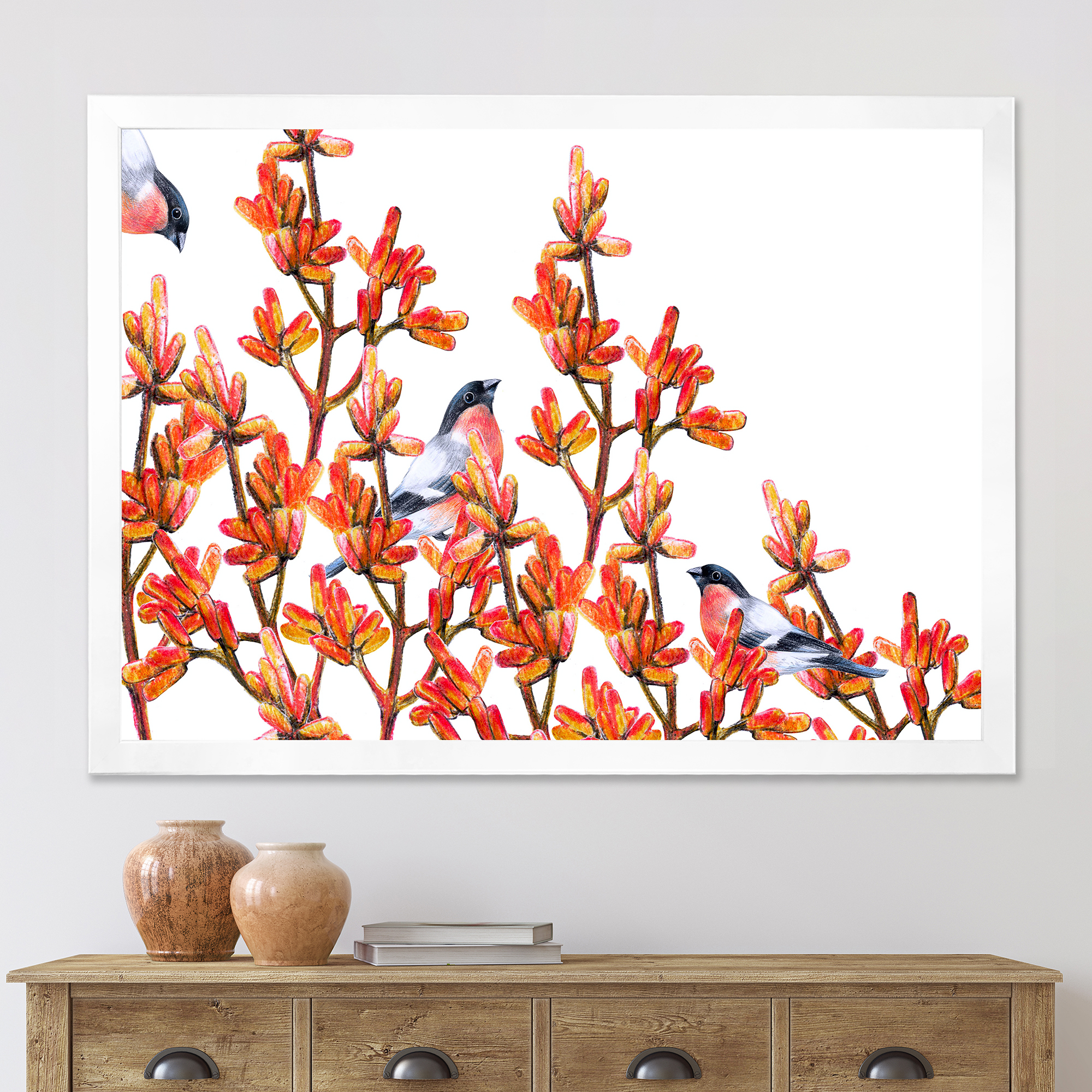 Designart 'Flock of Bullfinches Birds Sitting on Orange Branches' Traditional Framed Art Print