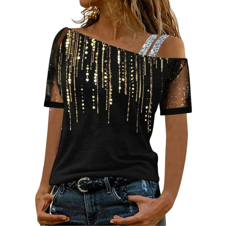 Women's Casual Loose Sleeve Sequin Blouse Print Mesh T Shirt,1 Dollar Items  for Teens, 2022 Deals Today,Cute Things Under 5 Dollars,Today's Deals