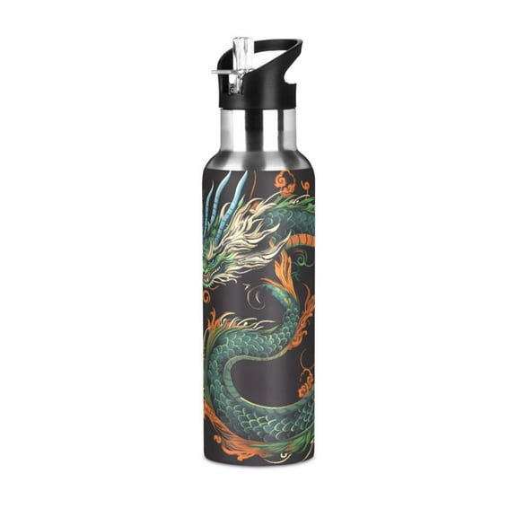 ALAZA Dragon Print Water Bottle Insulated Flask Stainless Steel Straw Lid 20 oz
