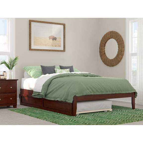 Walnut Queen Platform Bed with USB Charger & Twin XL Trundle -Modern Bed Frame