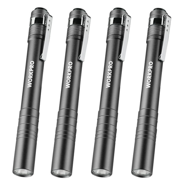 WORKPRO Luz LED para bolígrafo, linternas de aluminio, linterna de bolsillo con clip para inspección, emergencia, uso diario, 2 pilas AAA incluidas, gris (paquete de 4)