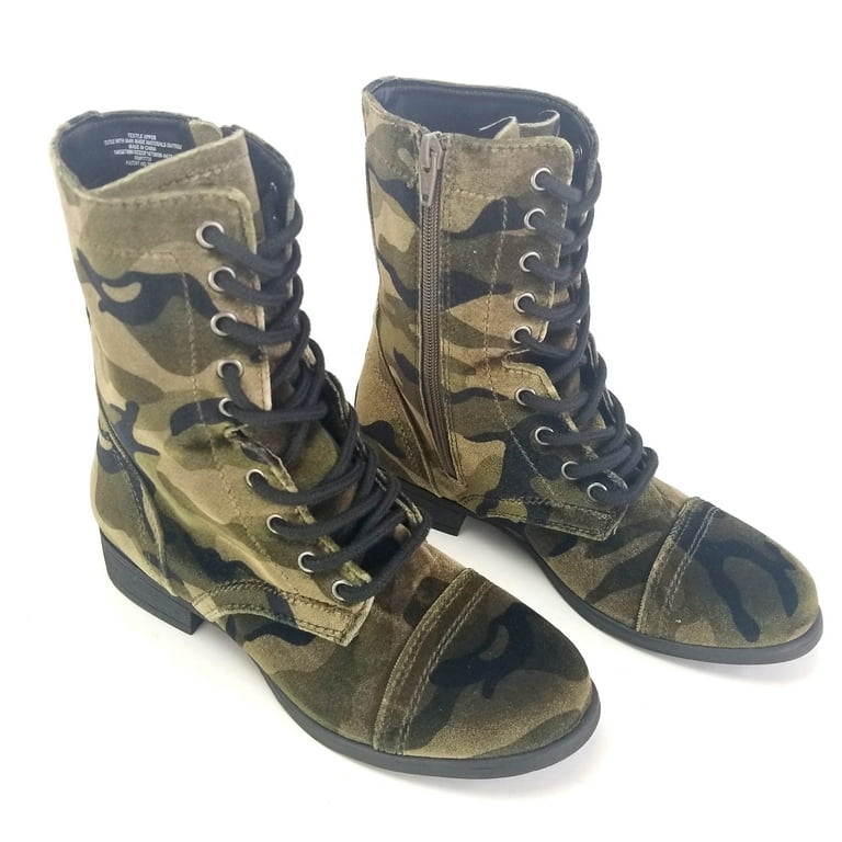 Women s Autumn Printed Velvet Combat Boots Pattern Camo Green Size 6.5