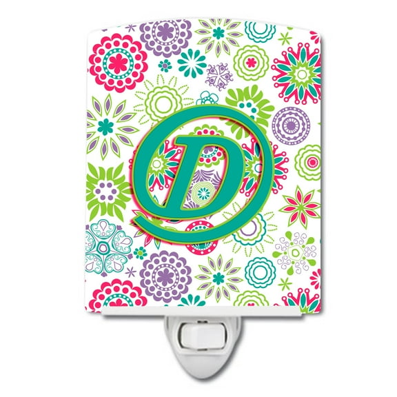 Caroline's Treasures CJ2011-DCNL Letter D Flowers Pink Teal Green Initial Ceramic Night Light, 6x4x3", multicolor