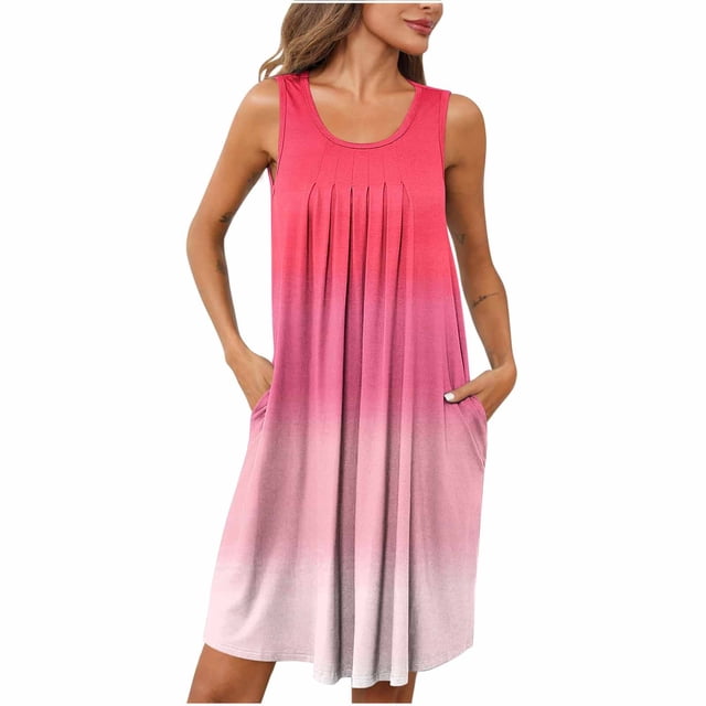 Tranfacy Robes pour Femmes, Chemises de Nuit pour Femmes, Chemises de Sommeil à Imprimé pour Femmes avec Poches Sans Manches Vêtements de Nuit Chemise de Nuit à Plis devant Col Rond Robe de Nuit