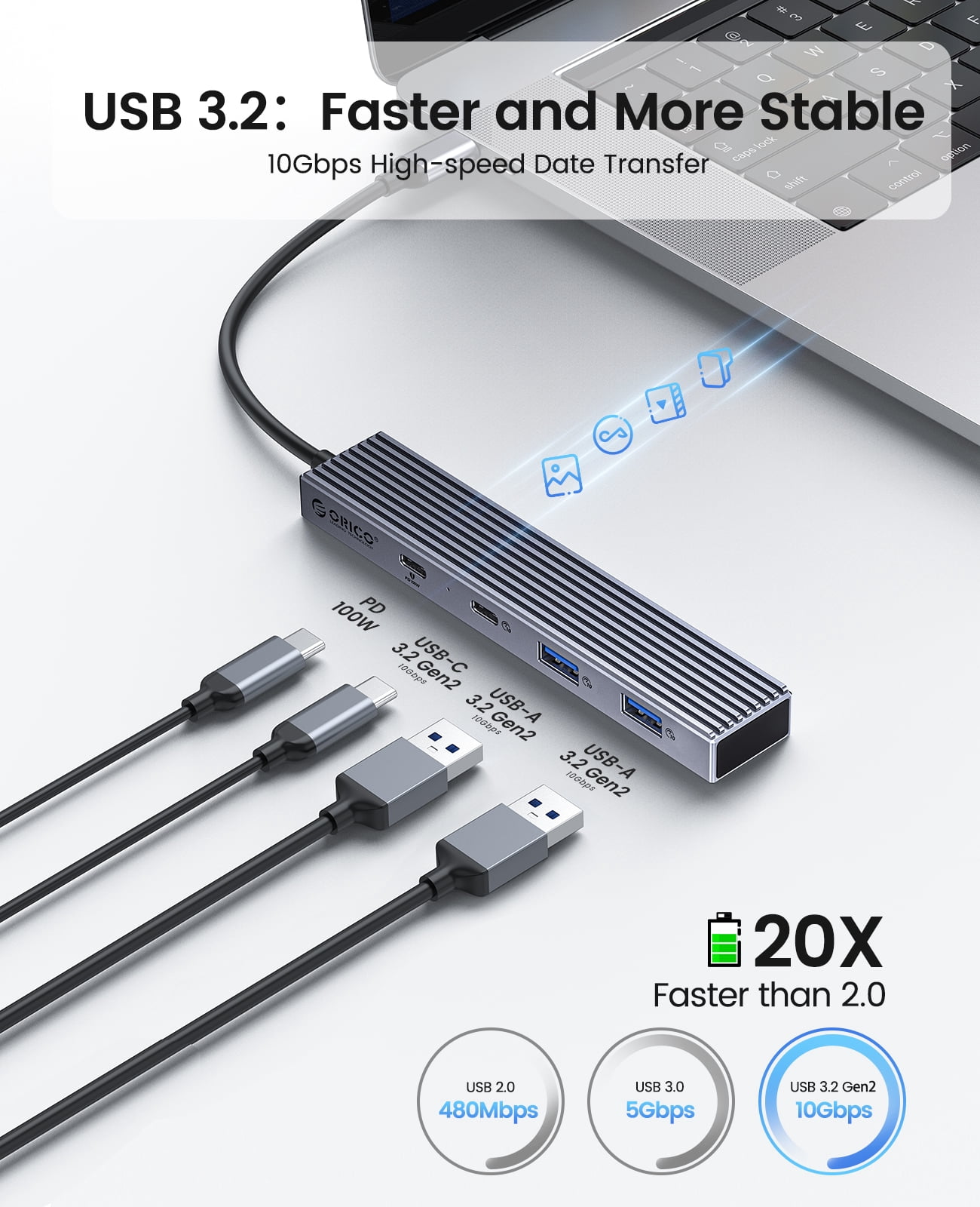 ORICO USB C Hub USB 3.2 10Gbps USB Extender USB C to USB Adapter PD100w+Type C+ 2 USB-A for Macbook Pc Computer Accessories