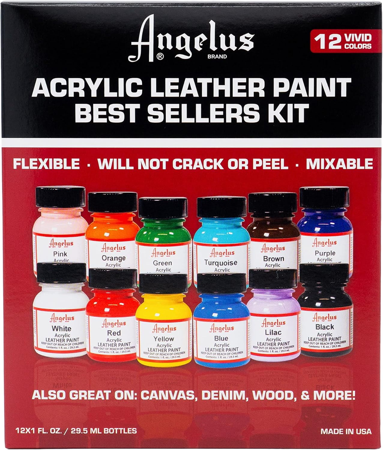 Angelus Acrylic Leather Paint,  Sellers Kit, Flexible Paint For Shoes, Sneakers, Leather, Canvas, Furniture, and More - 12 Colors (1 oz Each)
