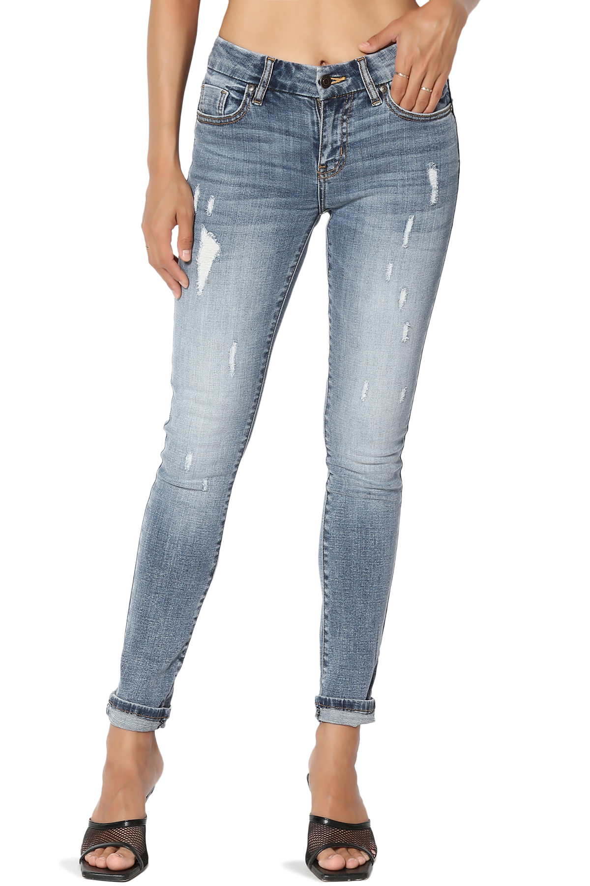 TheMogan Women's 0~3X Roll Up Mid Rise Med Vintage Wash Tencel Denim Skinny Jeans - image 1 of 7